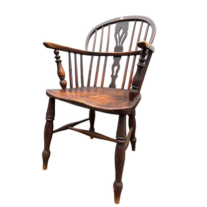 Antique 19th Century English Windsor Armchair – Yew Wood Hoop Back, Elm Seat, Crinoline Stretcher