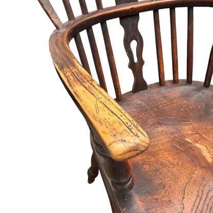 Antique 19th Century English Windsor Armchair – Yew Wood Hoop Back, Elm Seat, Crinoline Stretcher