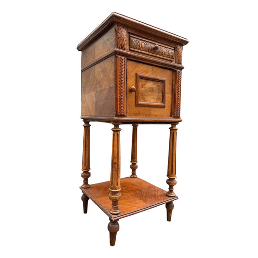 Antique 19th Century French Walnut Bedside Cabinet with Drawer & Cupboard – Carved Nightstand