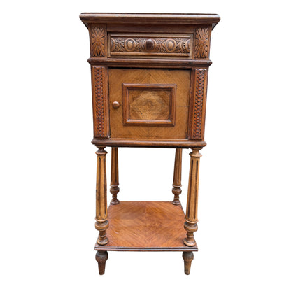Antique 19th Century French Walnut Bedside Cabinet with Drawer & Cupboard – Carved Nightstand