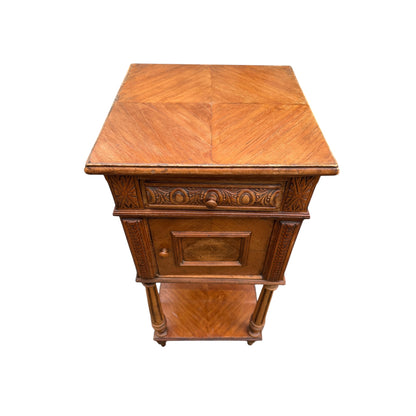 Antique 19th Century French Walnut Bedside Cabinet with Drawer & Cupboard – Carved Nightstand