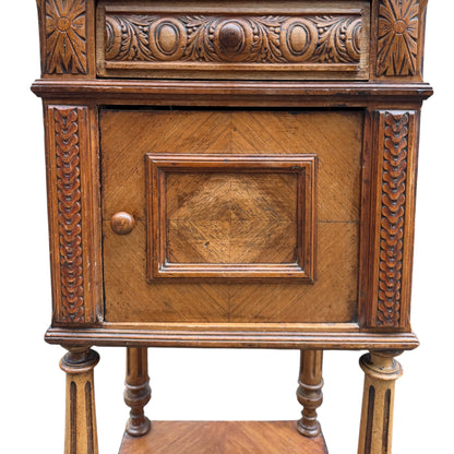 Antique 19th Century French Walnut Bedside Cabinet with Drawer & Cupboard – Carved Nightstand