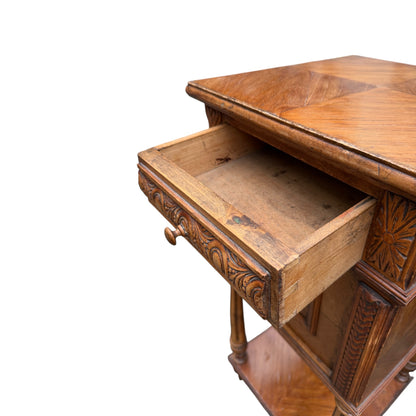 Antique 19th Century French Walnut Bedside Cabinet with Drawer & Cupboard – Carved Nightstand