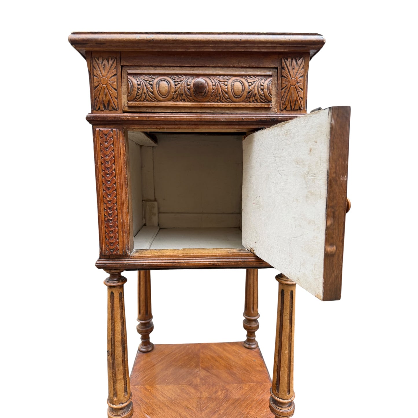 Antique 19th Century French Walnut Bedside Cabinet with Drawer & Cupboard – Carved Nightstand