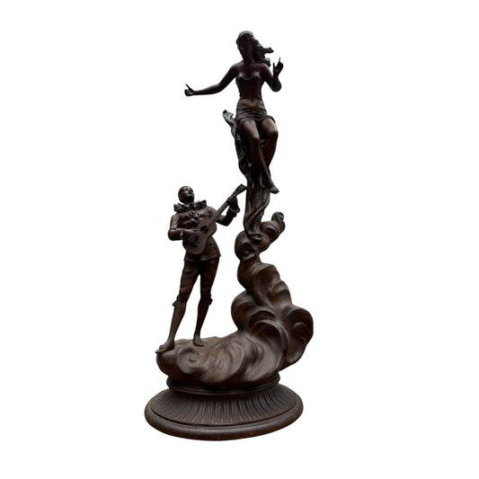 Vintage Art Deco Style Metal Alloy Sculpture – Pierrot Guitarist & Dancing Lady Figure Group
