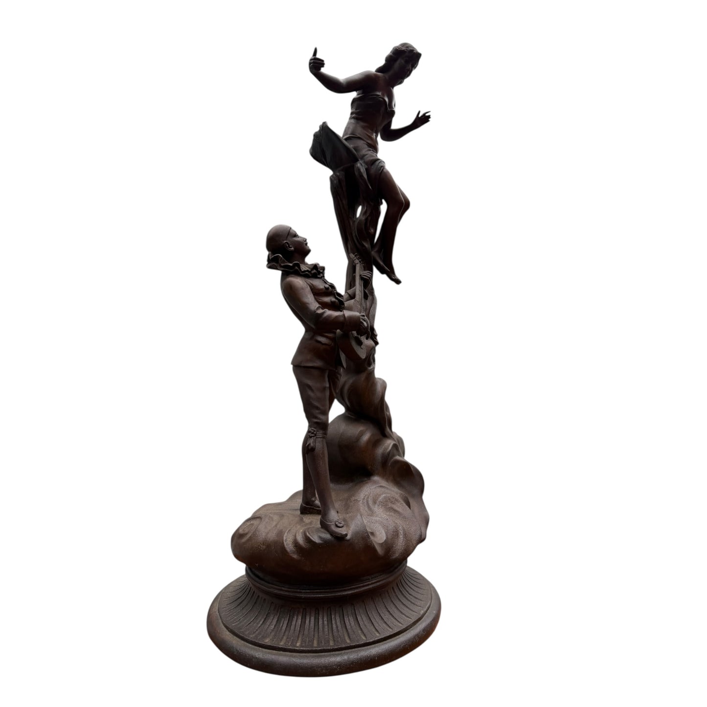 Vintage Art Deco Style Metal Alloy Sculpture – Pierrot Guitarist & Dancing Lady Figure Group