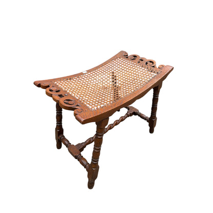 Antique Oak Caned Stool with Barley Twist Stretcher – Edwardian Dressing Table Bench