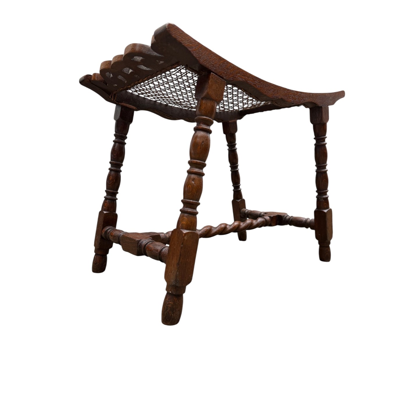 Antique Oak Caned Stool with Barley Twist Stretcher – Edwardian Dressing Table Bench