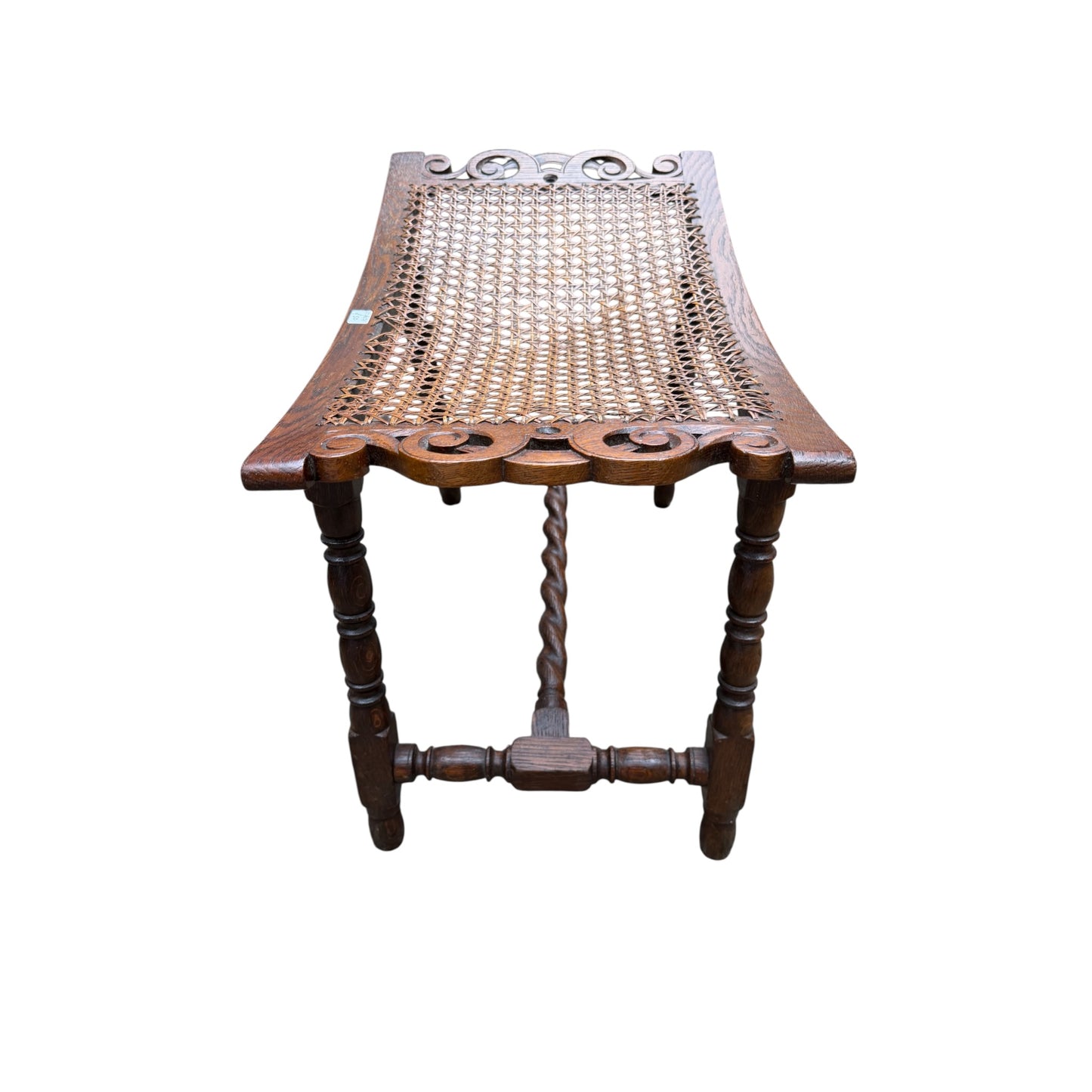 Antique Oak Caned Stool with Barley Twist Stretcher – Edwardian Dressing Table Bench