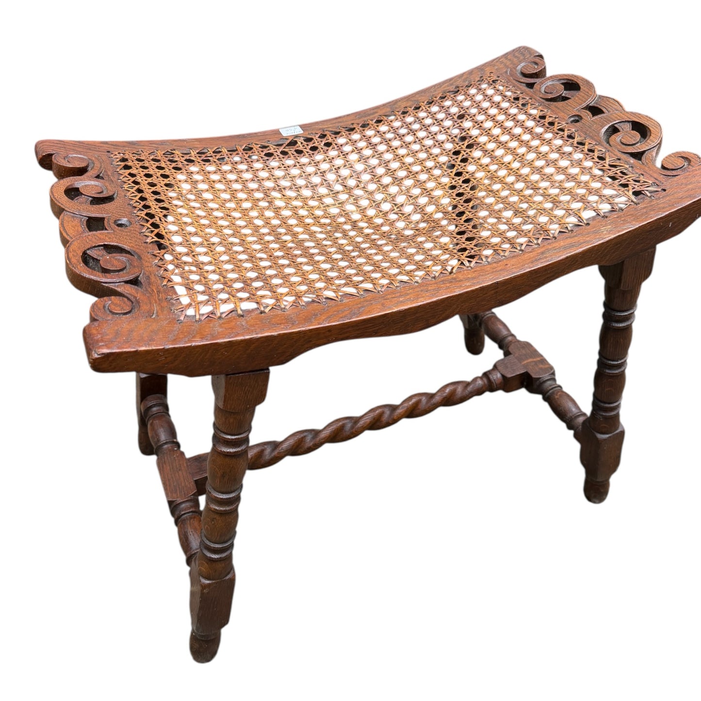 Antique Oak Caned Stool with Barley Twist Stretcher – Edwardian Dressing Table Bench