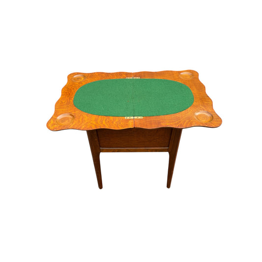 Edwardian Solid Oak Games Table / Antique Card Table with Baize Playing Surface & Storage
