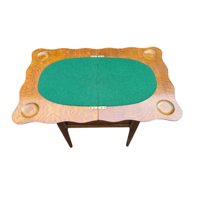 Edwardian Solid Oak Games Table / Antique Card Table with Baize Playing Surface & Storage