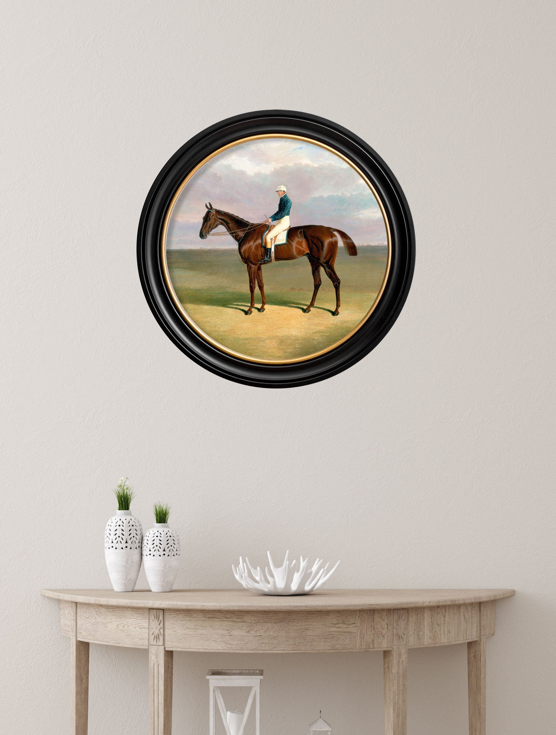 c 1840 horse and rider round frame in size 70 x 70cm - glass-fronted framed wall art print with solid wood frame, a beautiful addition to stylish homes