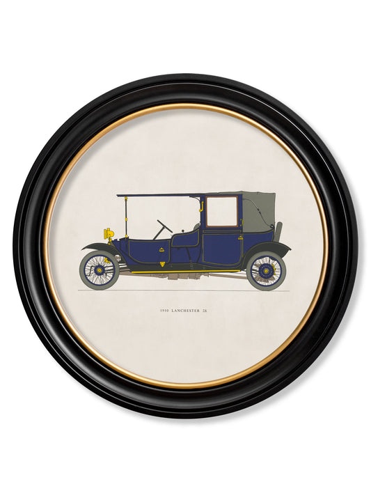 1910 LANCHESTER 28 in Round Frame in size 44 x 44cm - glass-fronted framed wall art print with solid wood frame, designed for high-end interior design