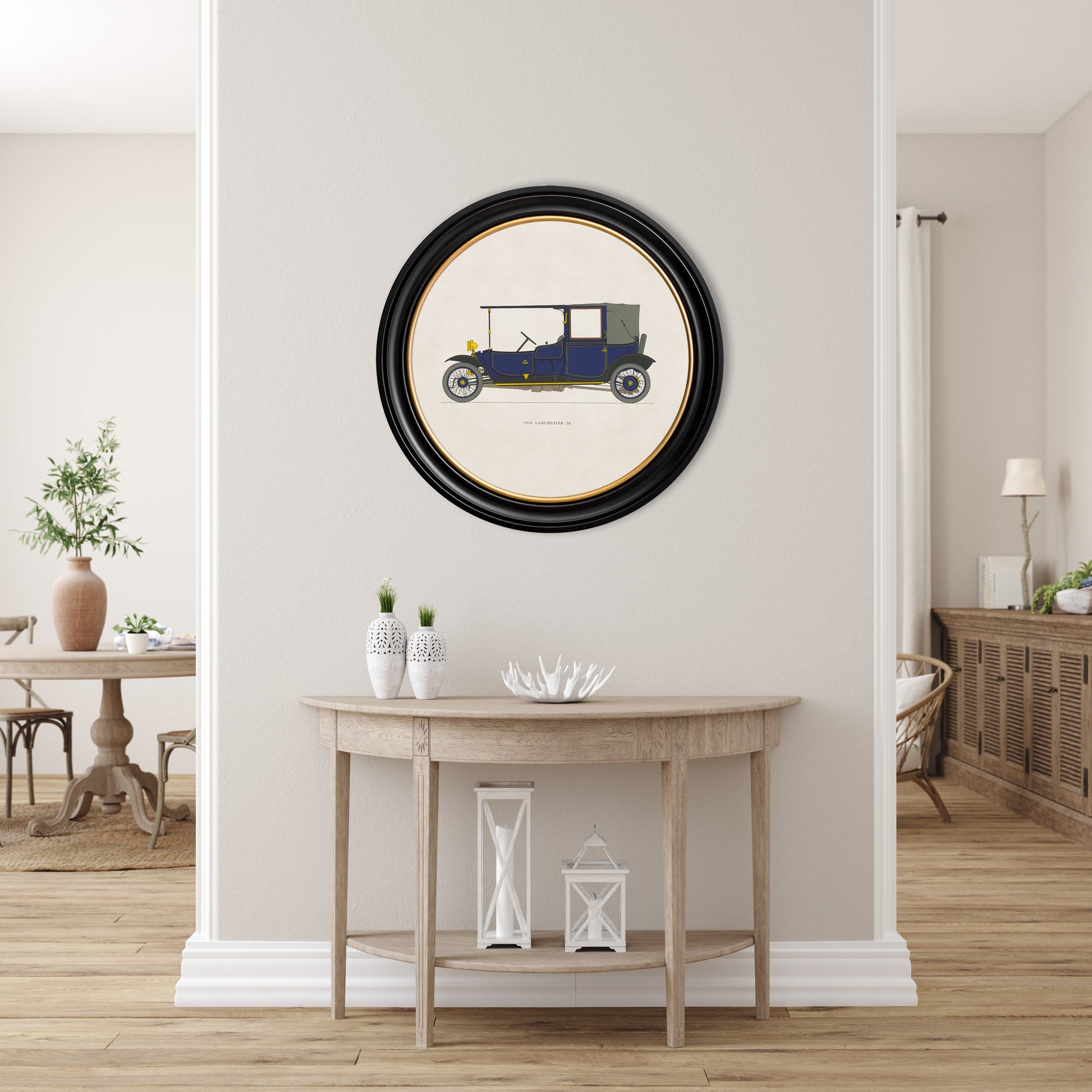 1910 lanchester 28 in round frame in size 70 x 70cm - glass-fronted framed wall art print with solid wood frame, designed for high-end interior design