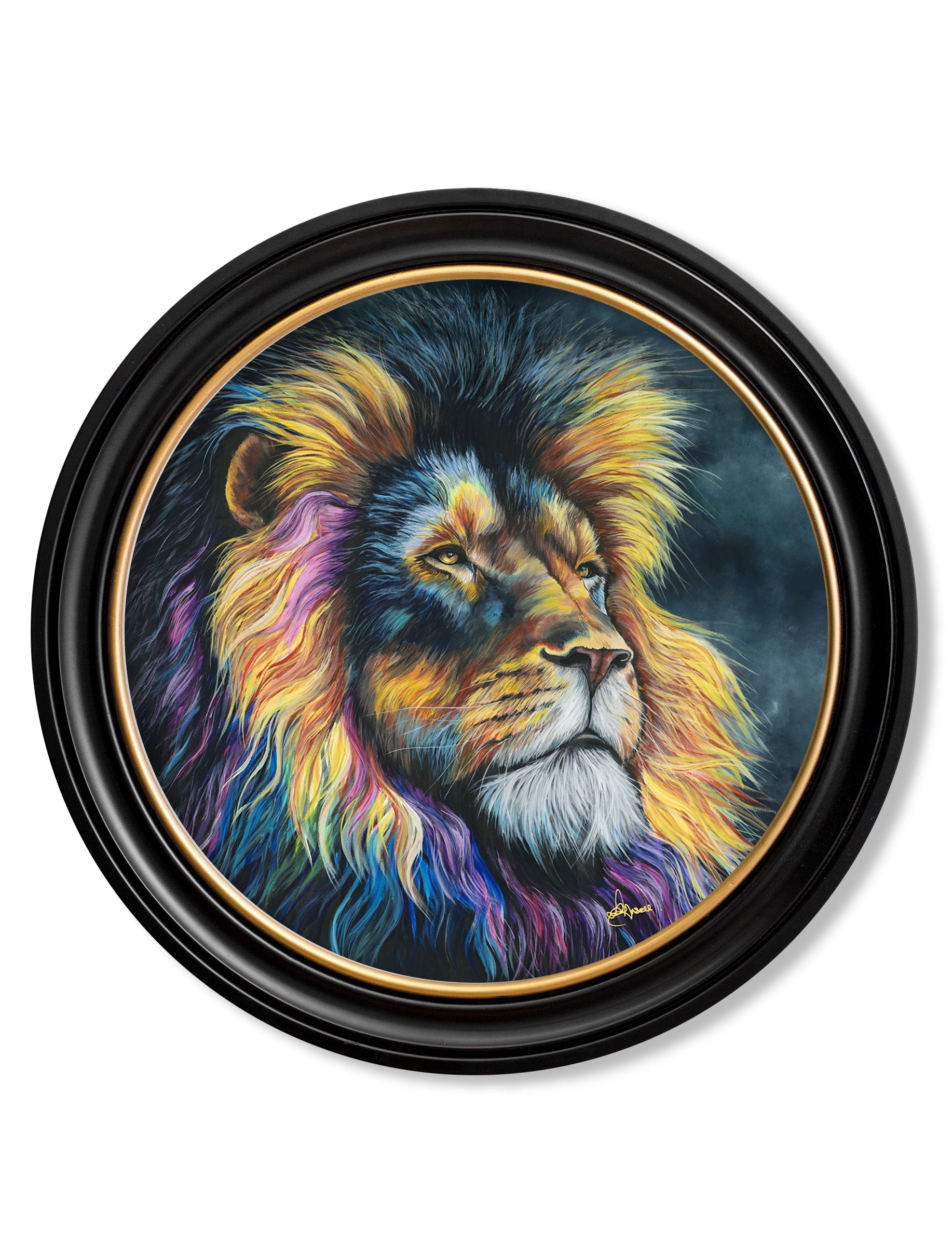 Lion Print 'Courage' by Amy Ansell - Oxford Round Frame in size 44 x 44cm - glass-fronted framed wall art print with solid wood frame, ideal for contemporary home styling