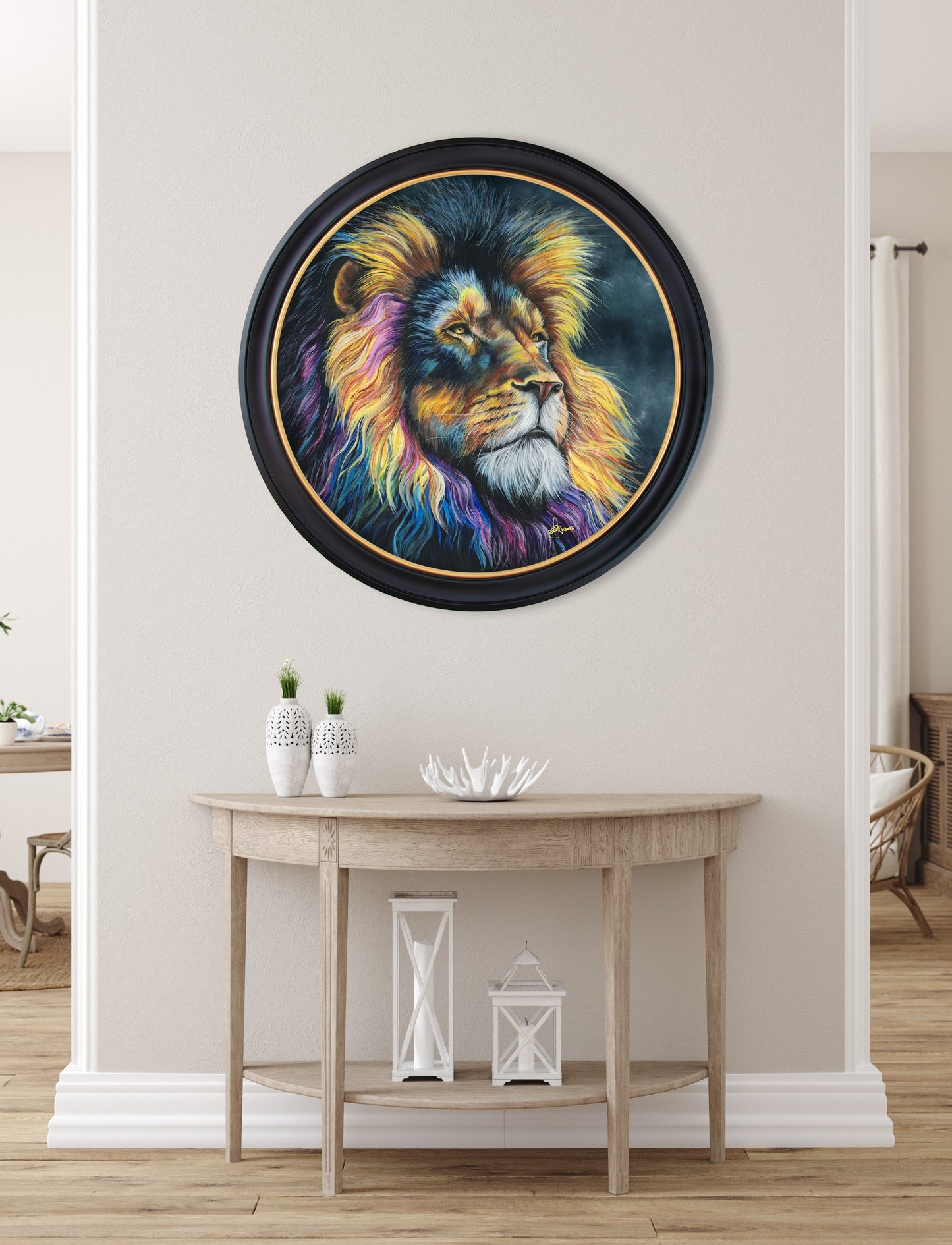 courage oxford round frame in size 70 x 70cm - glass-fronted framed wall art print with solid wood frame, perfect for luxury home decor