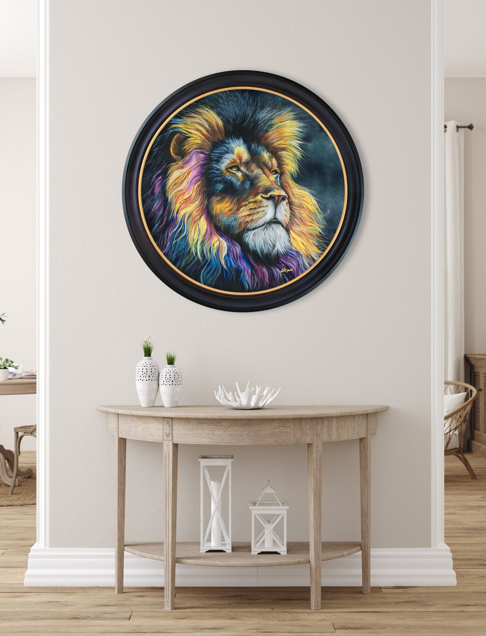 courage oxford round frame in size 70 x 70cm - glass-fronted framed wall art print with solid wood frame, perfect for luxury home decor