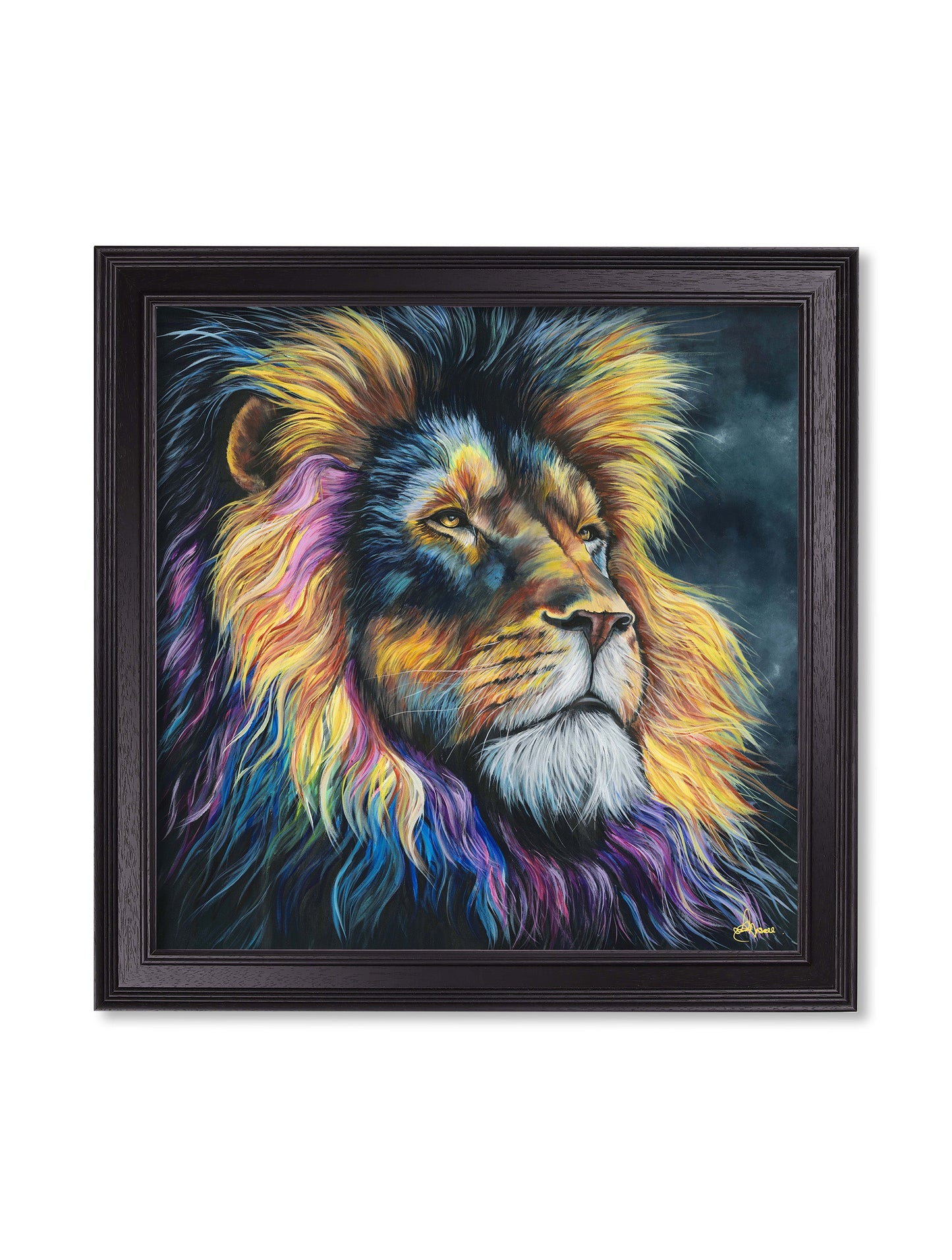 lion print courage by amy ansell black square frame - premium glass-fronted framed art print with solid wood frame, perfect for luxury home decor