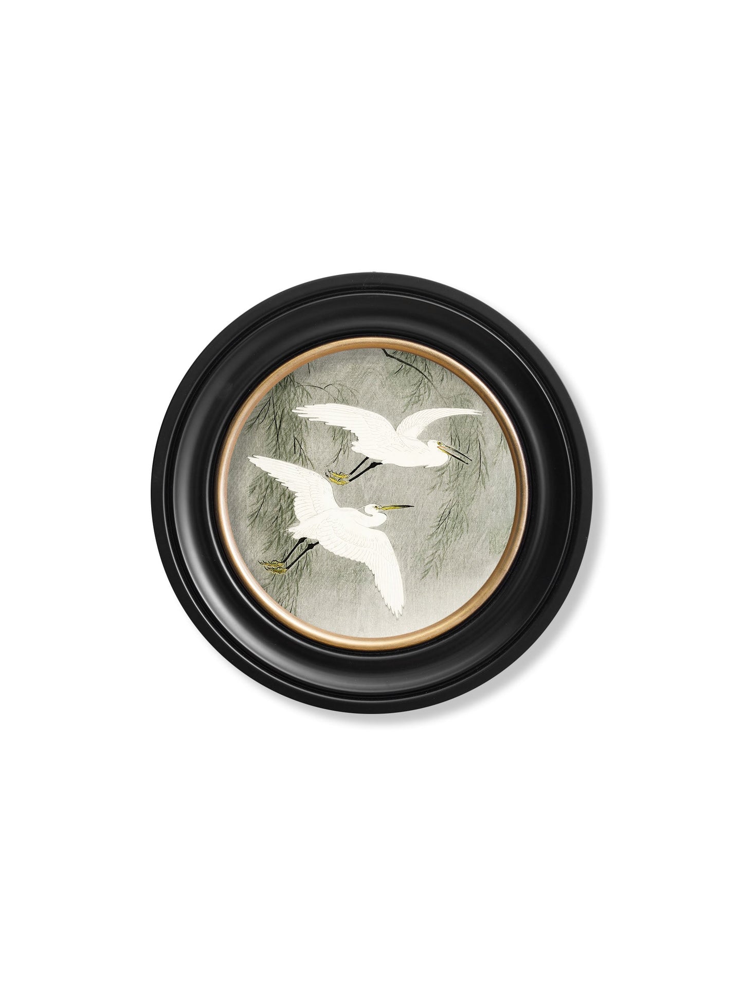 c 1910 little egrets ohara koson in round frames in size 44 x 44cm - glass-fronted framed wall art print with solid wood frame, adds elegance to your decor