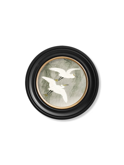 c 1910 little egrets ohara koson in round frames in size 44 x 44cm - glass-fronted framed wall art print with solid wood frame, adds elegance to your decor