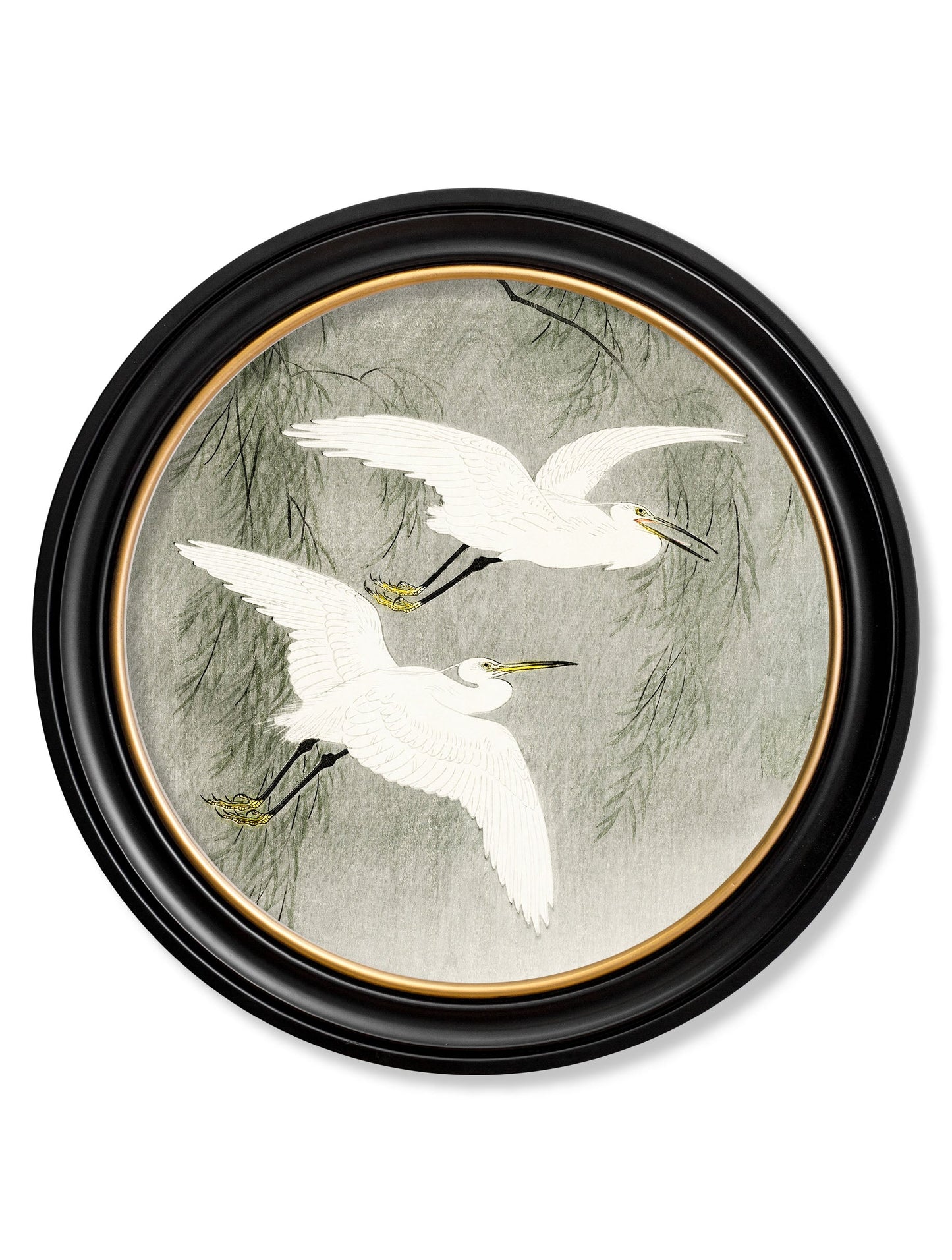 c 1910 little egrets ohara koson in round frames in size 70 x 70cm - glass-fronted framed wall art print with solid wood frame, ideal for contemporary home styling