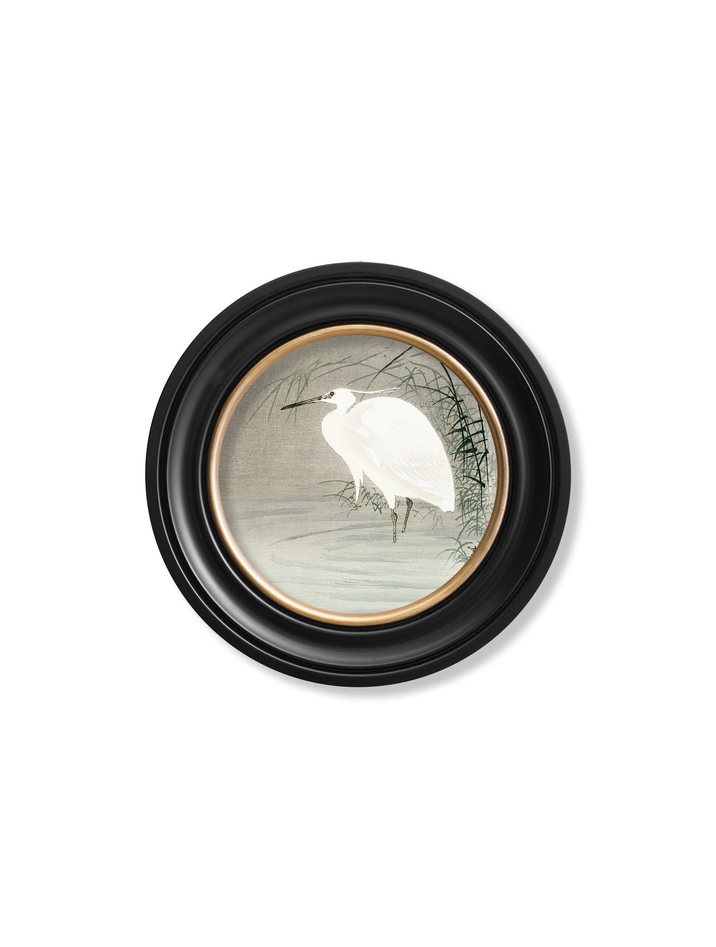 c 1910 little egrets ohara koson in round frames in size 70 x 70cm - glass-fronted framed wall art print with solid wood frame, perfect for statement wall decor