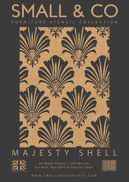Majesty Shell stencil – vintage seashell stencil pattern for furniture upcycling, walls, and coastal décor. Large decorative furniture and wall stencil UK.