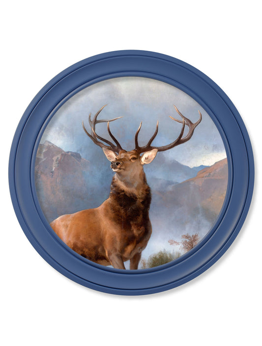 c.1851 Monarch of The Glen - Round Frame Blue in size 44 x 44cm - glass-fronted framed wall art print with solid wood frame, a beautiful addition to stylish homes