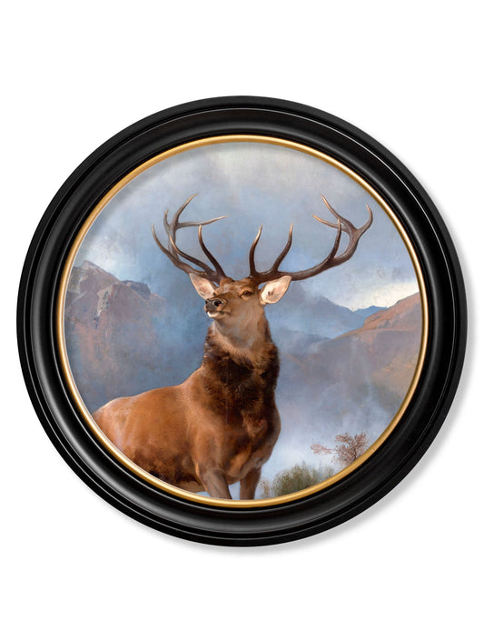 c.1851 Monarch of The Glen - Round Frame in size 44 x 44cm - glass-fronted framed wall art print with solid wood frame, ideal for modern interiors