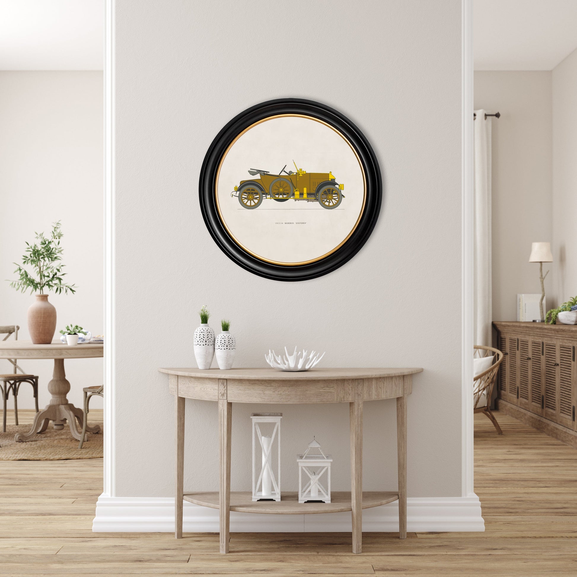 1913 14 morris oxford in round frame in size 70 x 70cm - glass-fronted framed wall art print with solid wood frame, perfect for statement wall decor