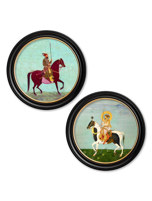 Mughals - Horsemen - Round Frames in size 44 x 44cm - glass-fronted framed wall art print with solid wood frame, a beautiful addition to stylish homes