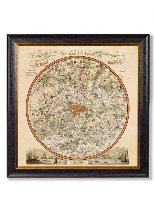 c.1839 Pigot & Co. New Map of the Environs London in size 70 x 70cm - glass-fronted framed wall art print with solid wood frame, a beautiful addition to stylish homes
