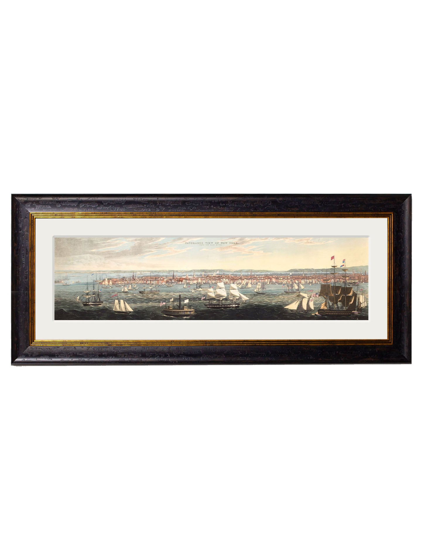 c 1844 panoramic views of new york in size 38 x 95cm - glass-fronted framed wall art print with solid wood frame, ideal for contemporary home styling