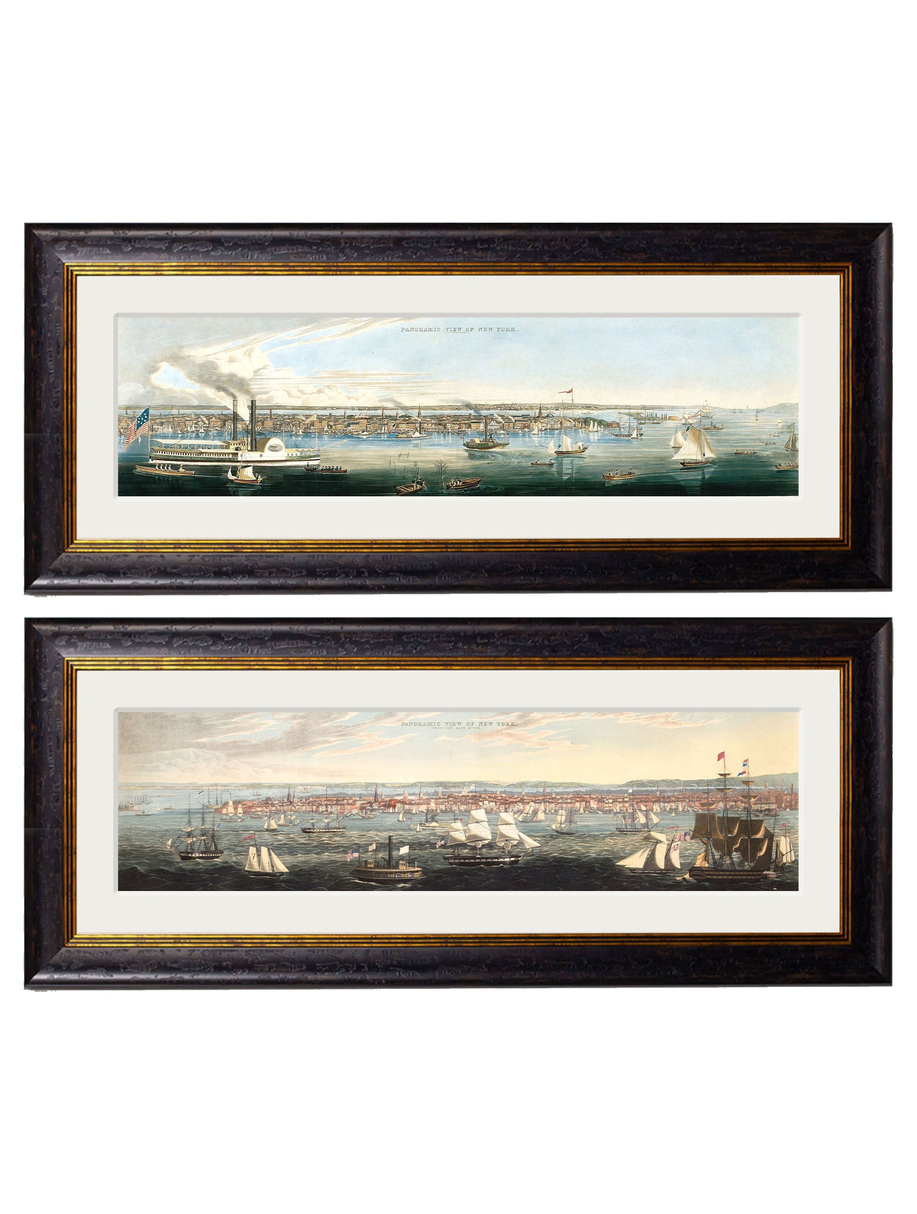 c.1844 Panoramic Views of New York in size 38 x 95cm - glass-fronted framed wall art print with solid wood frame, ideal for modern interiors