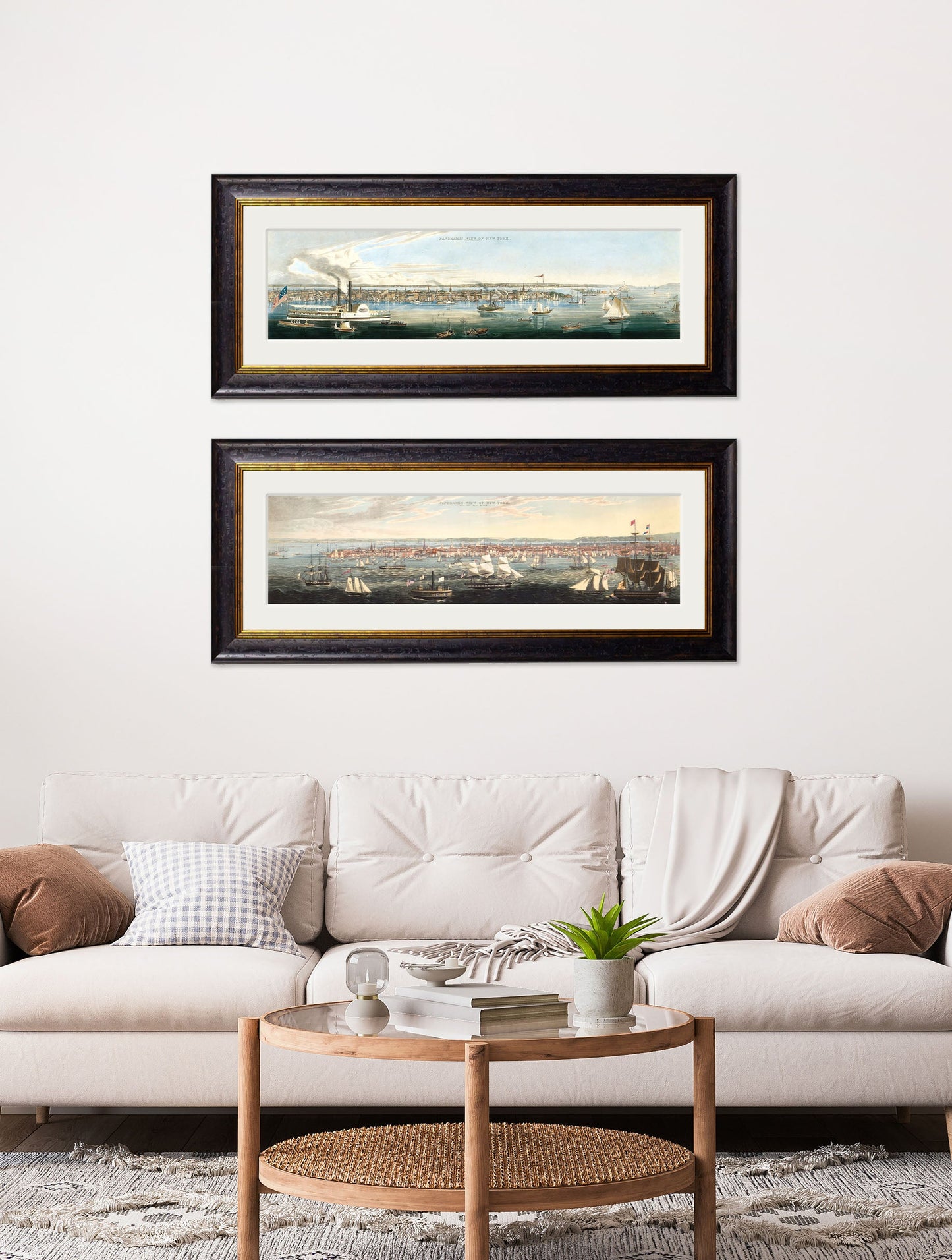c 1844 panoramic views of new york in size 38 x 95cm - glass-fronted framed wall art print with solid wood frame, perfect for luxury home decor