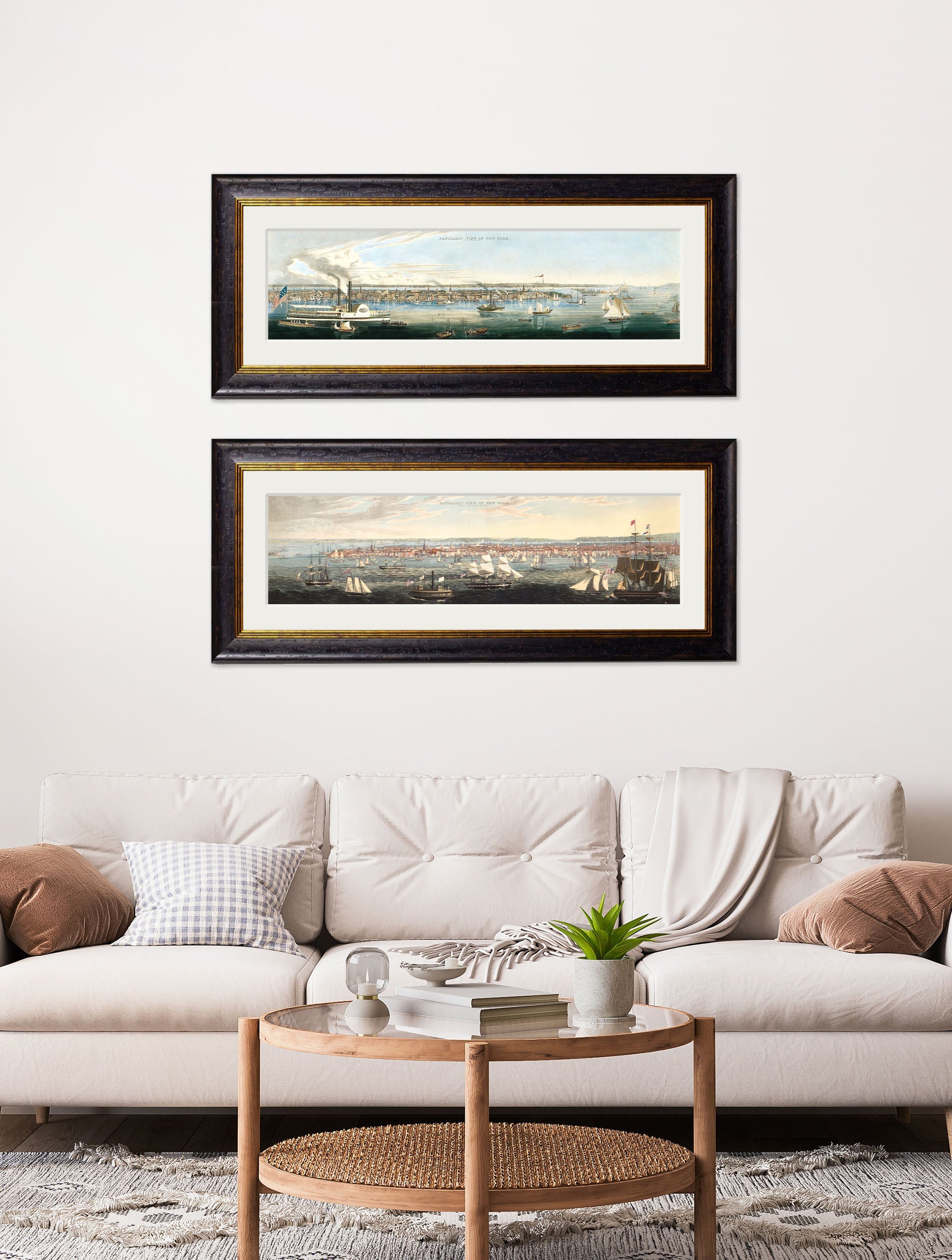 c 1844 panoramic views of new york in size 38 x 95cm - glass-fronted framed wall art print with solid wood frame, perfect for luxury home decor