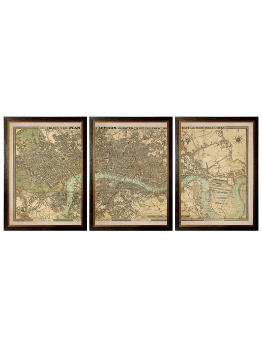 c.1827 London Triptych Map in size 114 x 50cm - glass-fronted framed wall art print with solid wood frame, perfect for statement wall decor