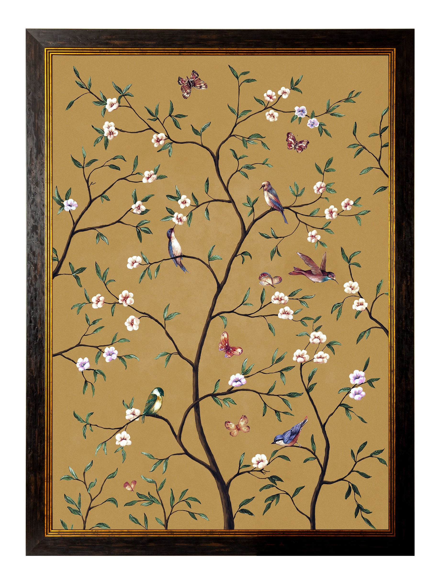 tree of life ochre set of 2 in size 95 x 130cm - glass-fronted framed wall art print with solid wood frame, perfect for statement wall decor