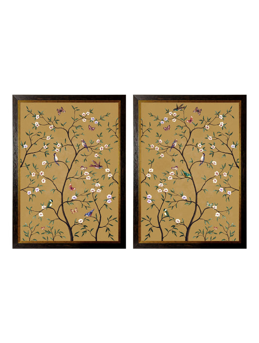 Tree of Life Ochre Set of 2 in size 50 x 70cm - glass-fronted framed wall art print with solid wood frame, designed for high-end interior design