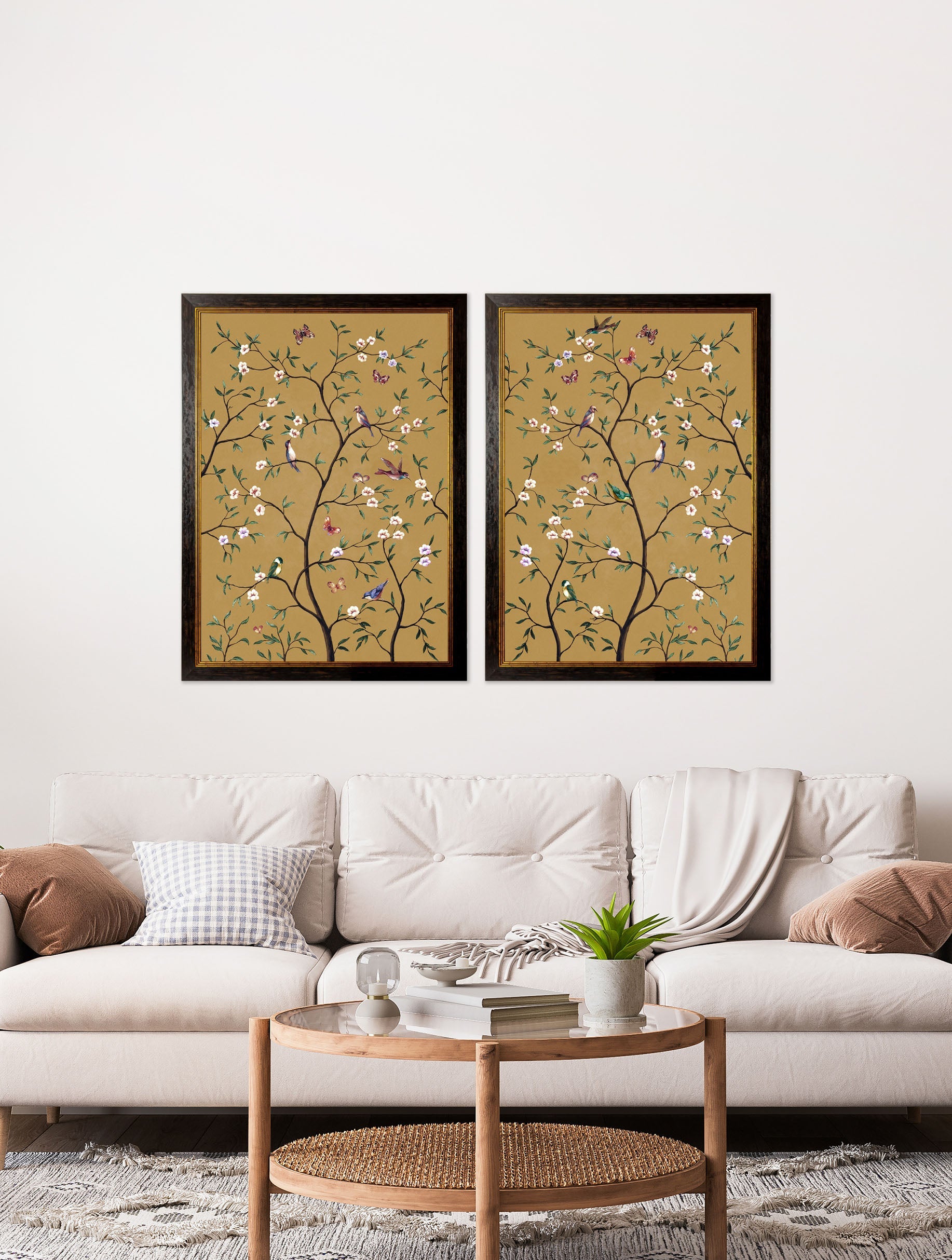 tree of life ochre set of 2 in size 70 x 95cm - glass-fronted framed wall art print with solid wood frame, adds elegance to your decor