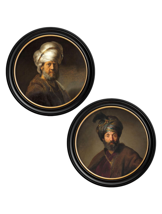 c.17th Century Rembrandt's Oriental Gentlemen - Round Frame in size 44 x 44cm - glass-fronted framed wall art print with solid wood frame, a beautiful addition to stylish homes
