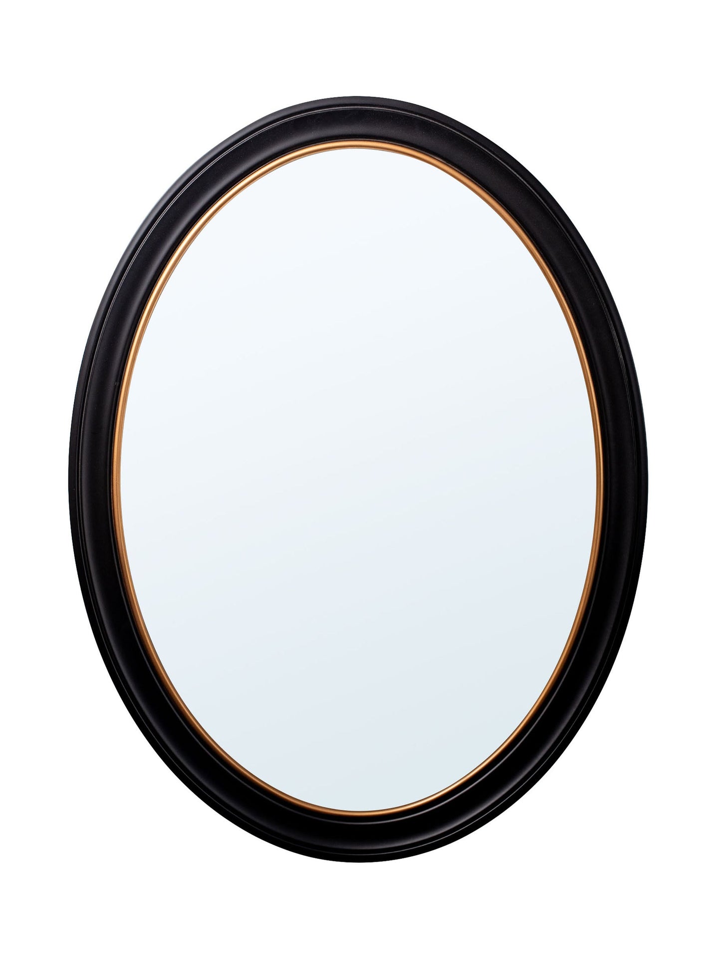 Oval Mirror - Black and Gold in size 375 x 500 mm - glass-fronted framed wall art print with solid wood frame, ideal for contemporary home styling