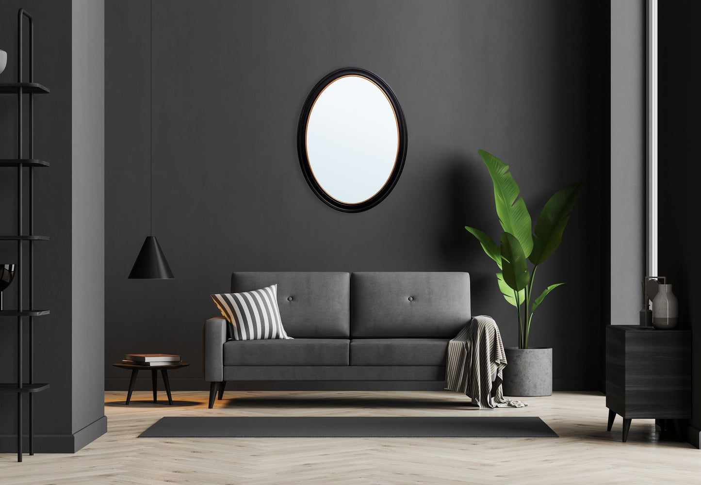 oval mirror black and gold in size 600 x 800mm - glass-fronted framed wall art print with solid wood frame, ideal for contemporary home styling