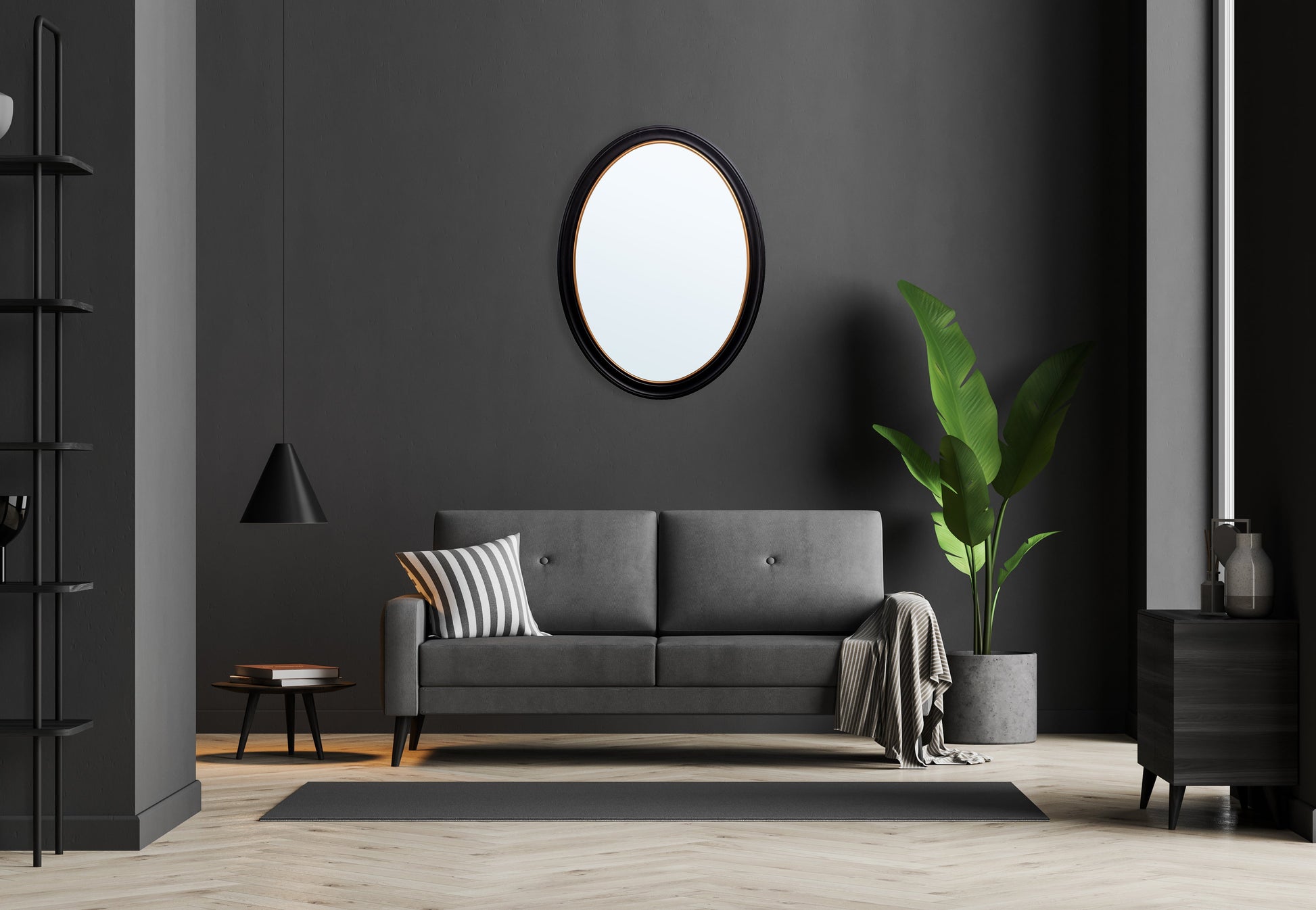oval mirror black and gold in size 600 x 800mm - glass-fronted framed wall art print with solid wood frame, ideal for contemporary home styling