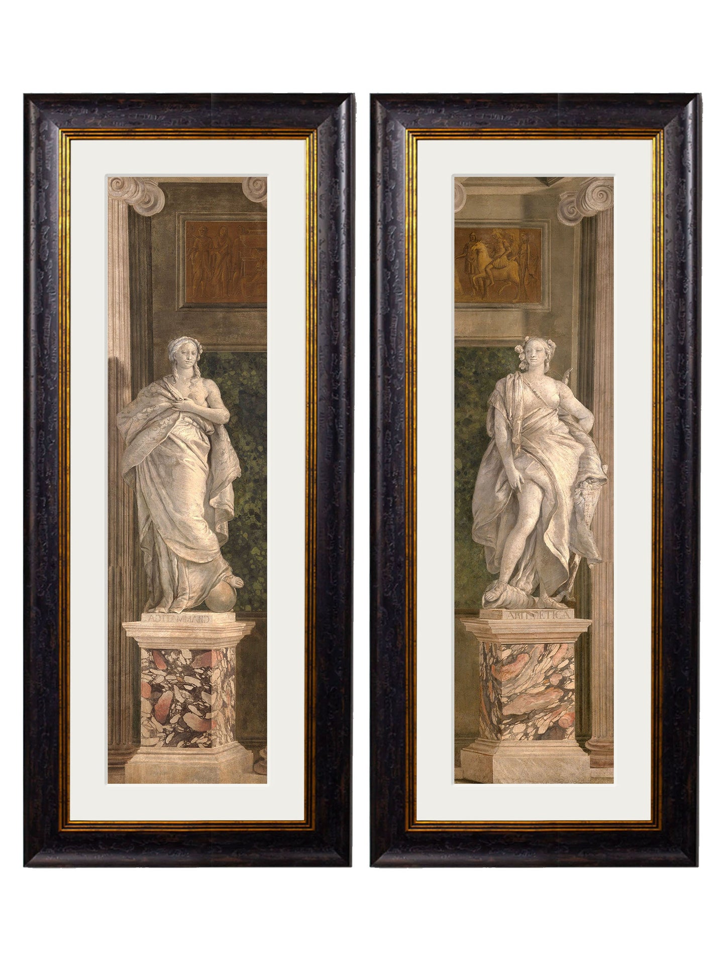c.1760 Allegorical Figures Representing Grammar and Arithmetic in size 38 x 95cm - glass-fronted framed wall art print with solid wood frame, luxury wall art for sophisticated spaces