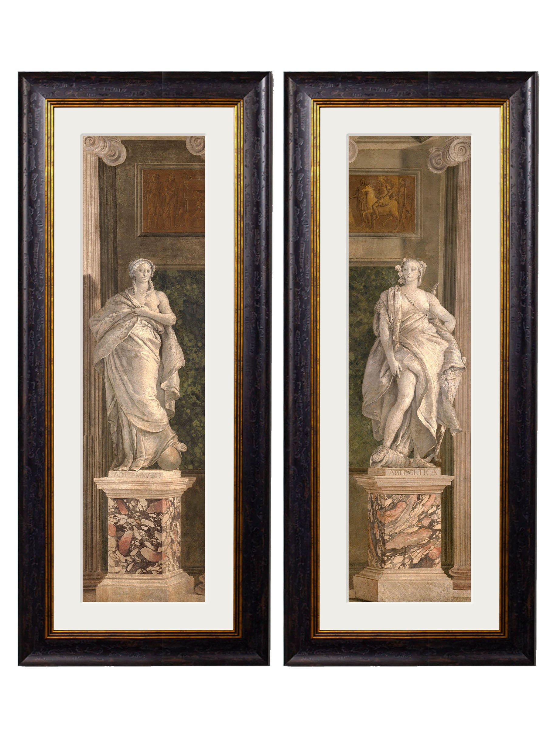 c.1760 Allegorical Figures Representing Grammar and Arithmetic in size 38 x 95cm - glass-fronted framed wall art print with solid wood frame, luxury wall art for sophisticated spaces
