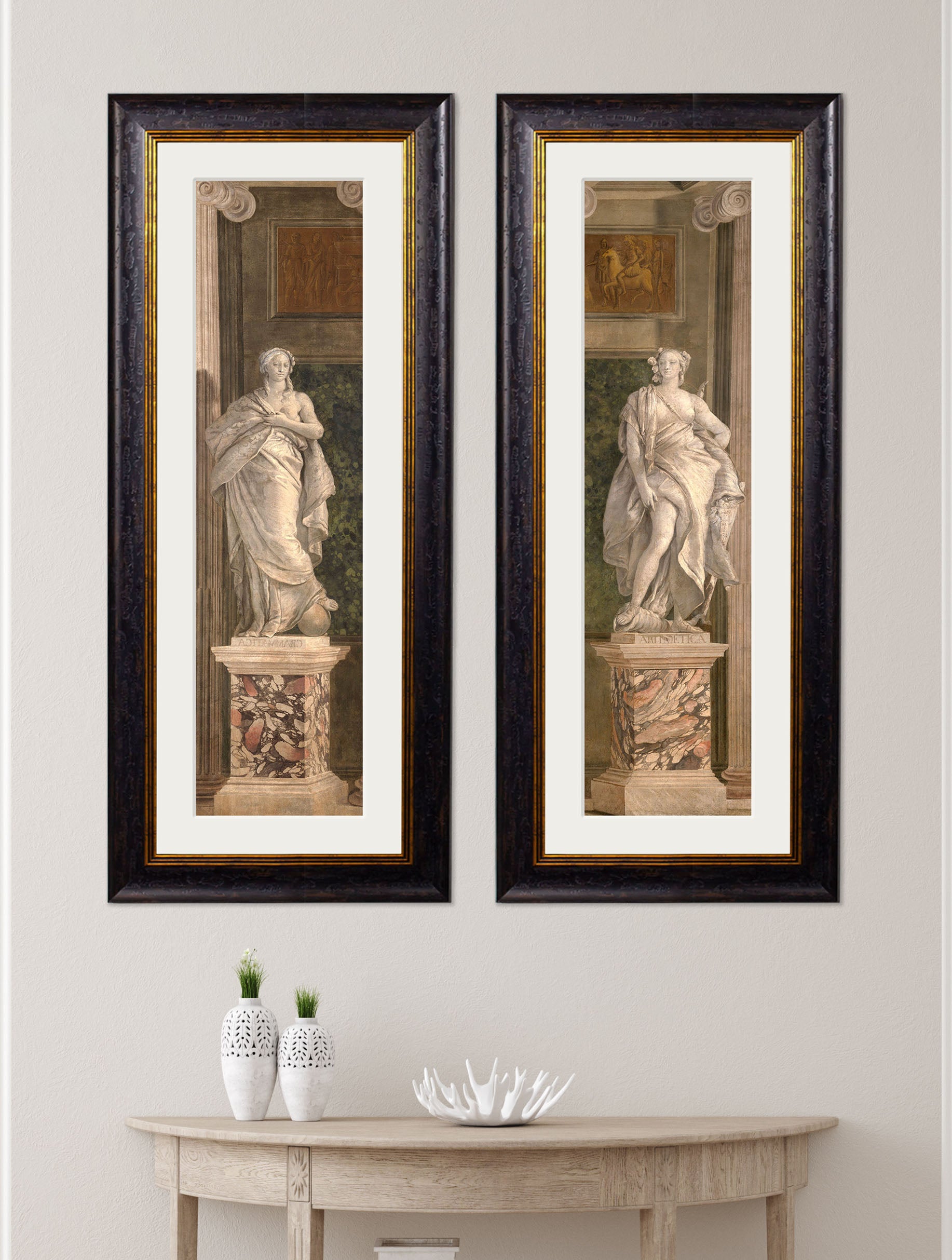 c 1760 allegorical figures representing grammar and arithmetic in size 38 x 95cm - glass-fronted framed wall art print with solid wood frame, perfect for statement wall decor
