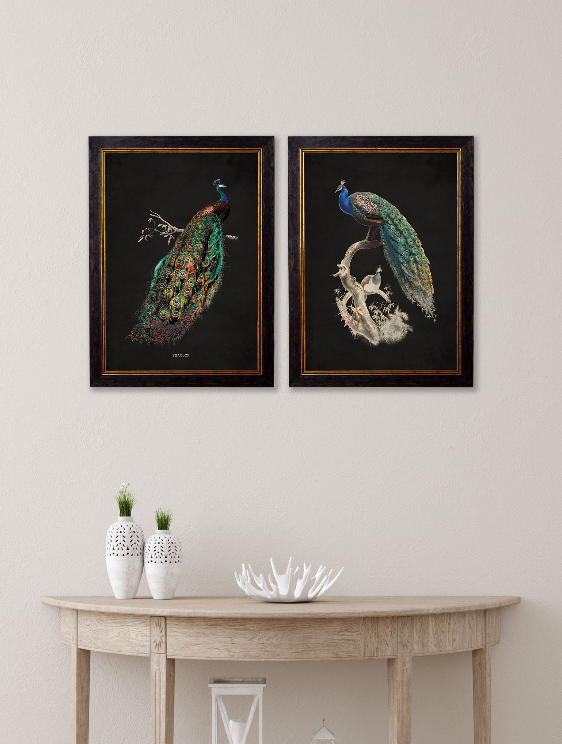 c 1847 peacocks dark in size 38 x 50cm - glass-fronted framed wall art print with solid wood frame, luxury wall art for sophisticated spaces
