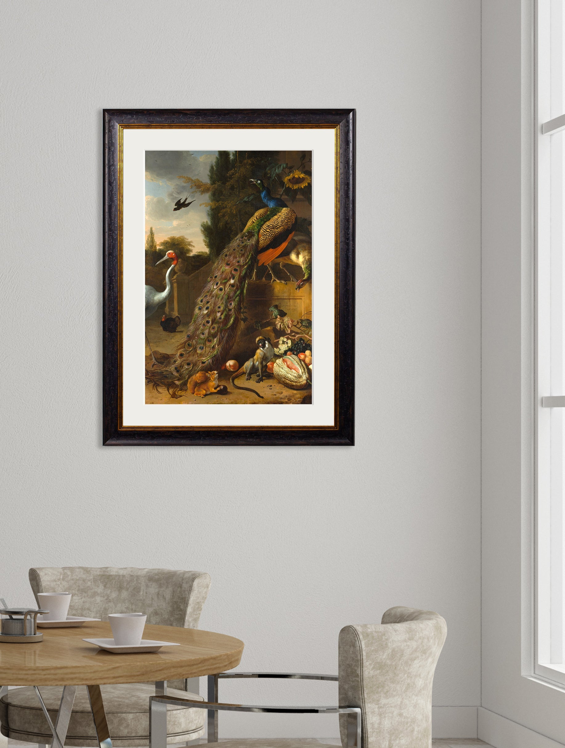 c 1683 peacock painting in size 38 x 50cm - glass-fronted framed wall art print with solid wood frame, luxury wall art for sophisticated spaces